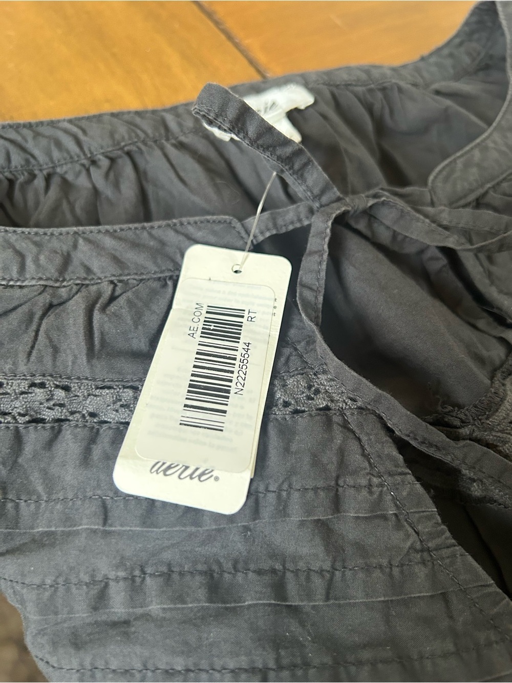 NWT Aerie Black Peasant Tie-Front Blouse - Picture 3 of 9